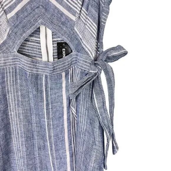 Express NWT Blue White Stripe Linen Blend Cut Out Strappy Wrap Midi Dress - Picture 7 of 11